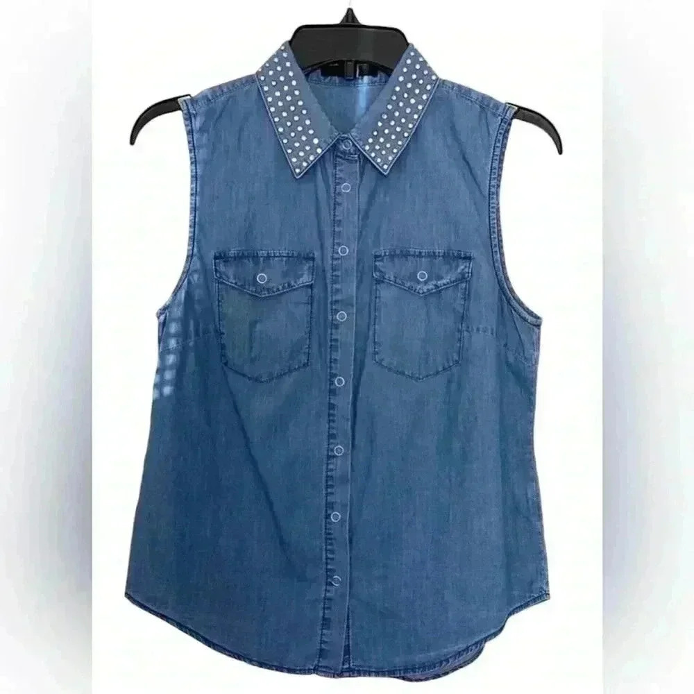Forever 21 Denim rhinestone embellished collar Blouse Top , vest top Size Small
